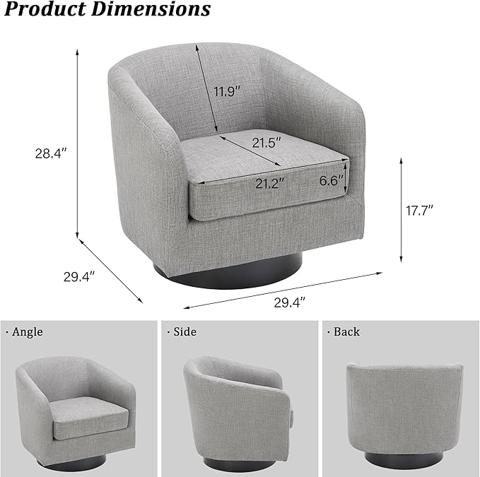 Swivel Barrel Accent Chair, Modern Round Linen Arm Chair for Living Room, Bedroom, Comfy Club Reading Chairs for Adults（Linen Fabric, Light Grey, Set of 4
