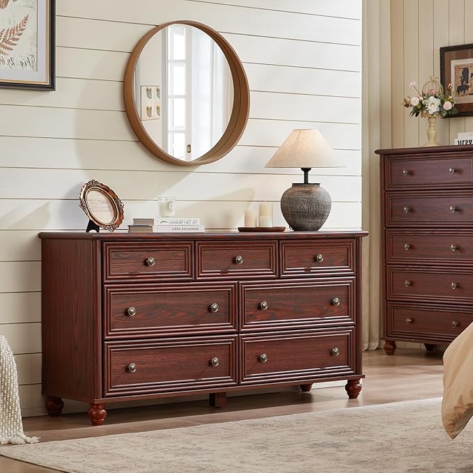 Farmhouse Dressers & Night Stand Set of 3, Wood 54" Wide Dresser & 45"Tall Chest of Drawers, 18" with Charging Station Nightstand, Bedroom Furniture 7 Drawer Dresser Set for Home Living Room Hallway
