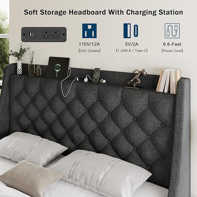 Full Size Bed Frame with 4 Storage Drawers, Giant Upholstered Wingback Headboard, Fast Charging Station, No Box Spring Needed, Noise-Free, Dark Grey