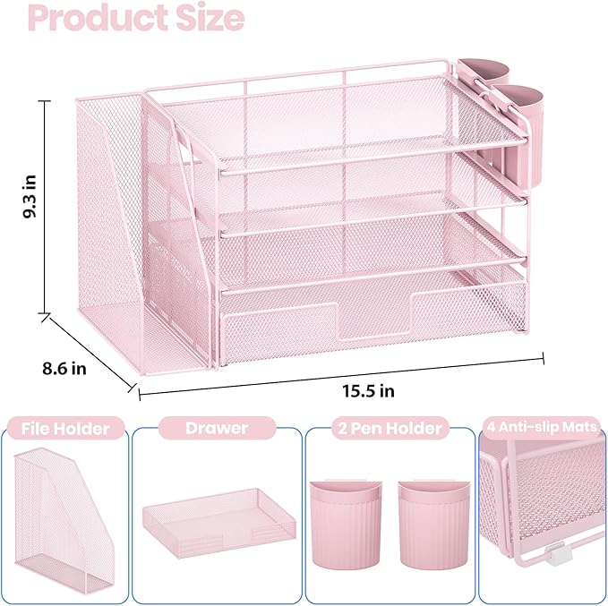 Desk Organizer and Accessories, 4-Tier Desktop File Organizer with Drawer and 2 Pen Holders, Office Desk Accessories for Office Supplies(Pink)