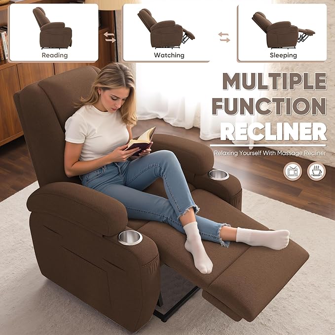 Power Lift Recliner Chair with Massage Electric Lift Chair for Elderly, Ergonomic Recliner with Cup Holders & Side Pockets, Modern Single Sofa for Living Room (Fabric, Brown)