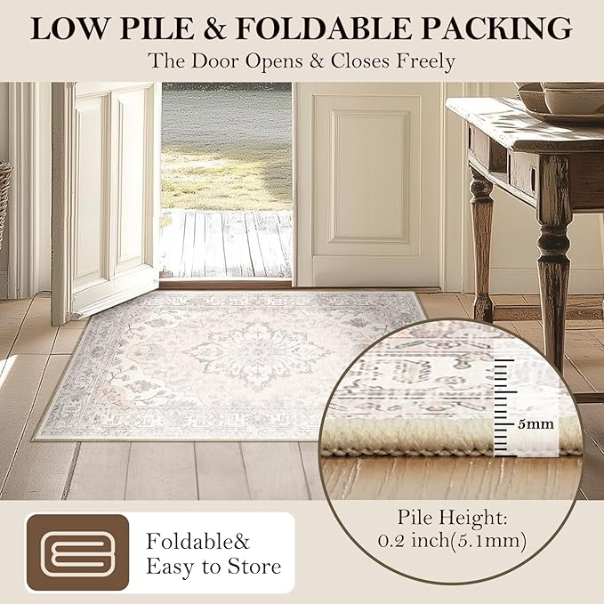 Area Rugs 2'x3' Washable Non-Slip, Floral Vintage Distress Print Pattern Medallion Carpet for Living Room Bedroom Dining Room, Pink Greypink Cute