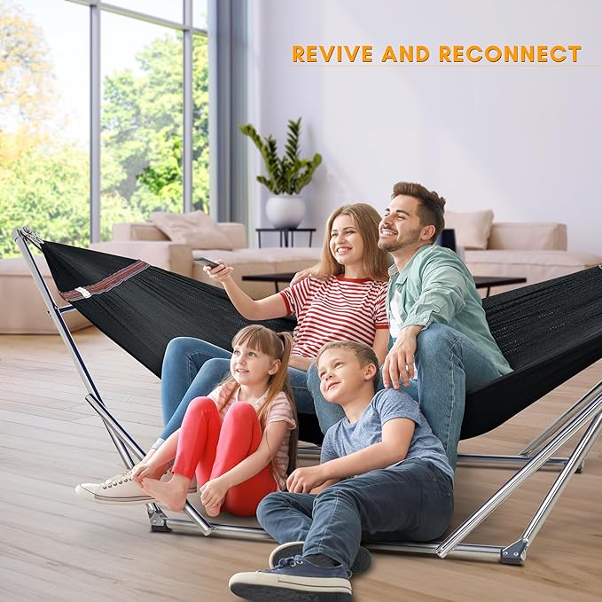 Tranquillo Double Hammock with Stand 650lb Capacity Double Hammock with Spreader Bar, Solid Grade 201 Stainless Steel 30s Set Up, Sturdy Flexible Hammock Stand Portable, Outdoor Indoor, Black