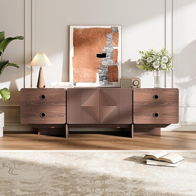 66" Fluted TV Stands for Living Room, Mid Century Modern TV Consoles for 75 inch TV, Entertainment Center with Storage, Media Console with Adjustment Shelf(Walnut)