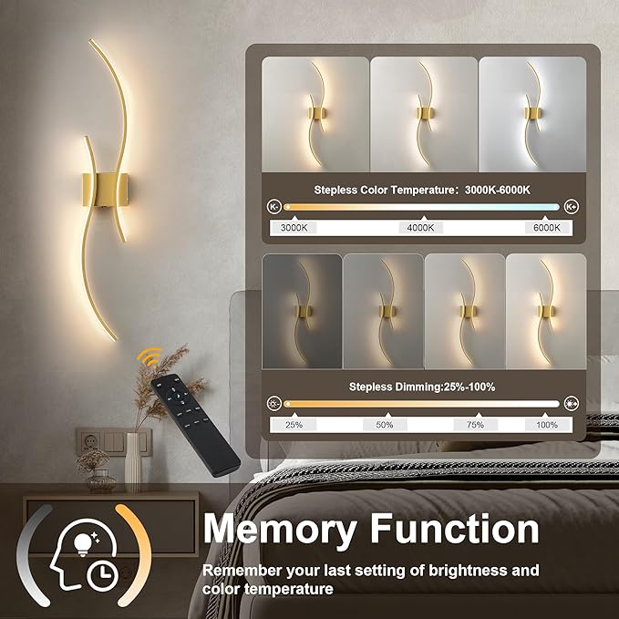 Battery Operated Wall Sconces with Remote Control, Stepless Colors 3000K-6000K & Dimming, LED Gold Wireless Wall Light for Living Room, Hallway, Bedroom, 39.3 Inch (1 Pack)