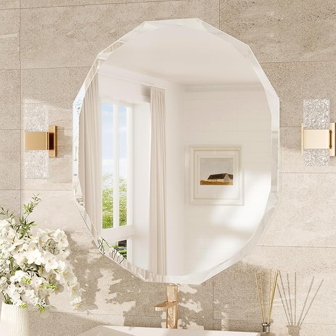 TokeShimi 30x36 Beveled Bathroom Mirror Frameless Stylish, Irregular Wall Mirrored, Shatterproof Decorative Oval Bathroom Vanity Mirror Modern Round for Living Room, Entryway, Restroom