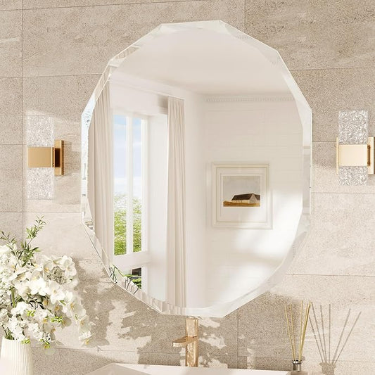 TokeShimi 30x36 Beveled Bathroom Mirror Frameless Stylish, Irregular Wall Mirrored, Shatterproof Decorative Oval Bathroom Vanity Mirror Modern Round for Living Room, Entryway, Restroom