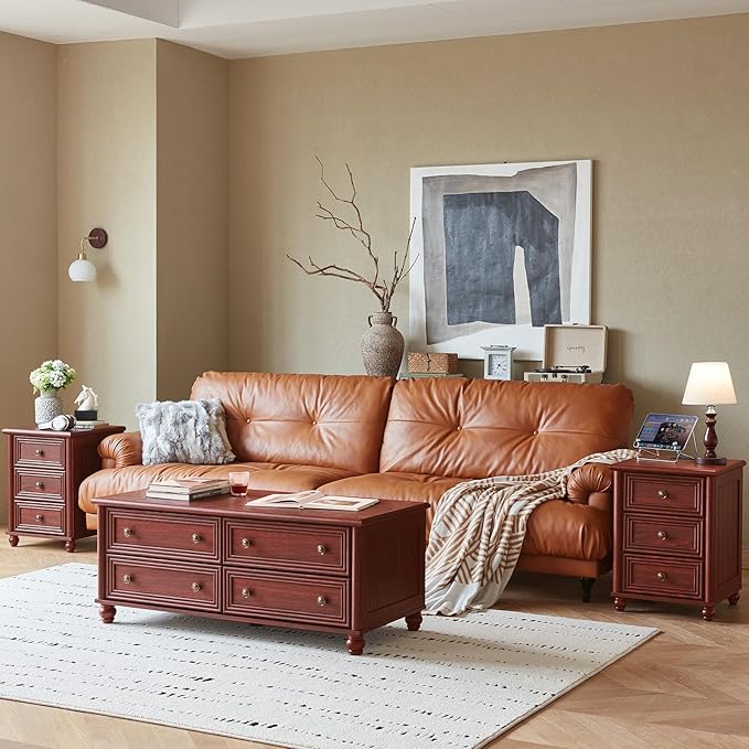 18" Farmhouse Night Stand Set 2, RedOak 3 & 3 Drawers Wood Nightstand, Bedside End Table with Storage and Roman Column, Bed Side Tables Cabinet for Bedroom, Living Room, and Closet