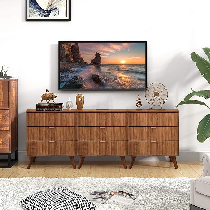 Fluted 3 Drawer Small Dresser for Bedroom, Mid Century Modern Nightstand with Charging Table Top, Low Bedside Table for Closet Cloth, End Table Short Storage, Living Room, Dorm -Walnut