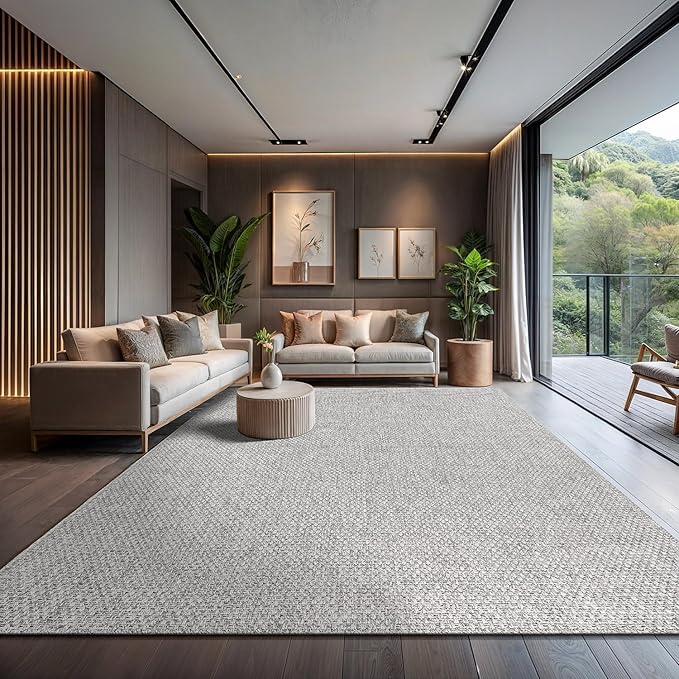 CAMILSON Easy Jute Rug 9x12, Indoor Outdoor Gray Color Farmhouse Area Rugs for Living Room Patio and Kitchen Rug, Solid Boho Woven Design, Easy-Cleaning, Washable Outside Carpet Alfombras (9 x 12)