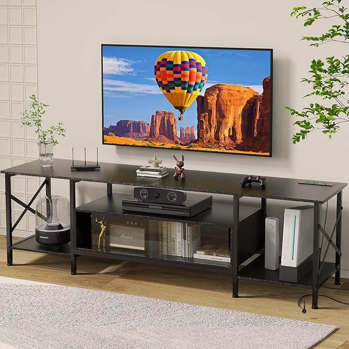 TV Stand, 63 Inch TV Stand for 50"-75" TV, Entertainment Center with Power Outlets & Open Storage Shelves, TV Media Console for Living Room, Bedroom, Black