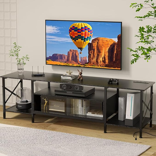 TV Stand, 63 Inch TV Stand for 50"-75" TV, Entertainment Center with Power Outlets & Open Storage Shelves, TV Media Console for Living Room, Bedroom, Black