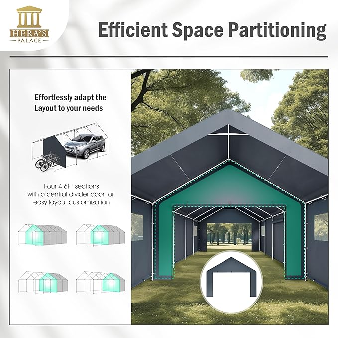 HERA'S PALACE Heavy Duty Storage Shed Outdoor Portable Car Canopy Carport Garage with 2 Rolled up Zipper Doors UV Resistant Waterproof Anti-Snow for Motorcycle Truck (Dark Gray, 13x24ft)