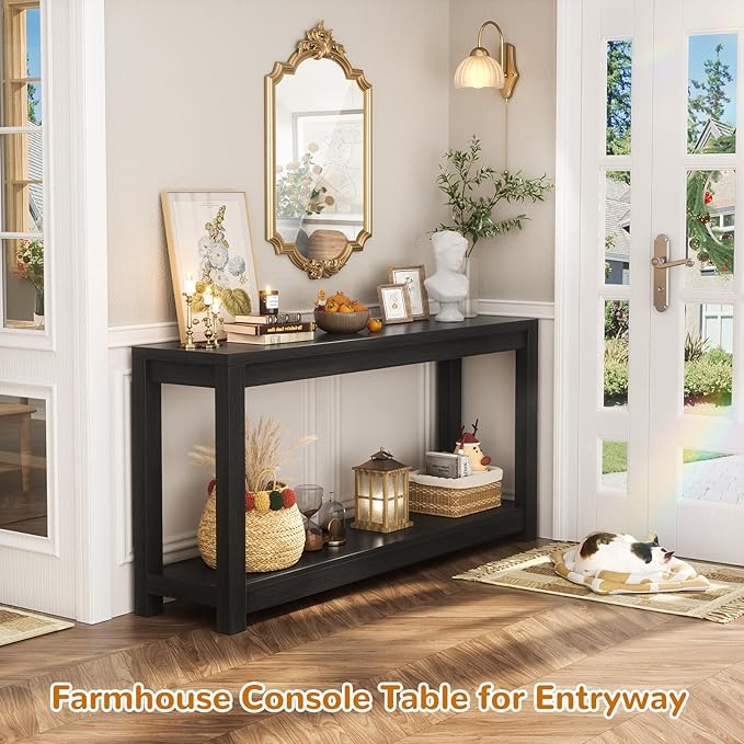 47" Farmhouse Wood Entryway Table Narrow Console Table with Storage Behind Couch Sofa Table with Shelves for Entry Way with Open Storage, Easy Assembly, Embossed Wood Grain Black