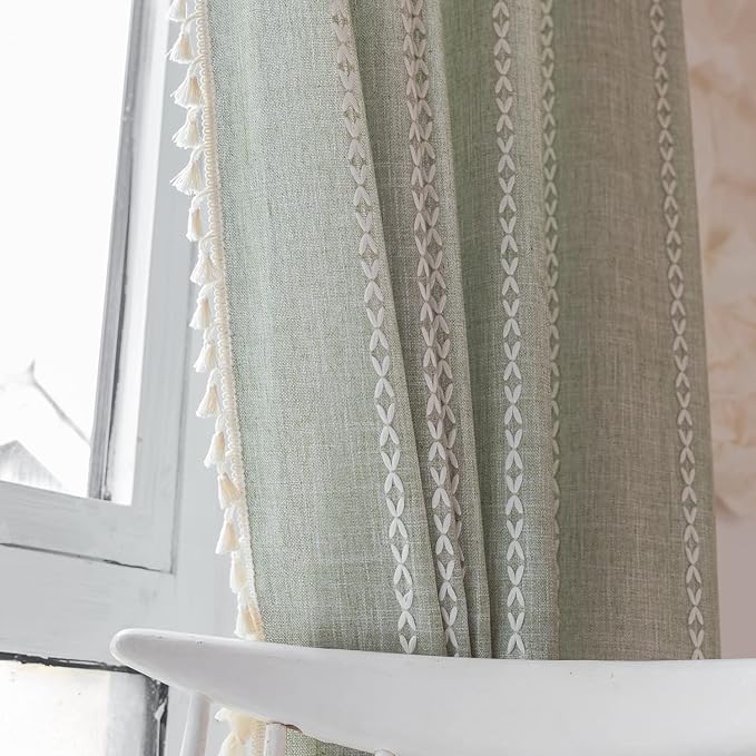 Boho Curtains Embroidery Striped Country Farmhouse Curtains for Bedroom Sage Green Linen Curtains 63 Inch Length 2 Panels Light Filtering Curtains for Living Room(52" W x 63" L,Sage Green)