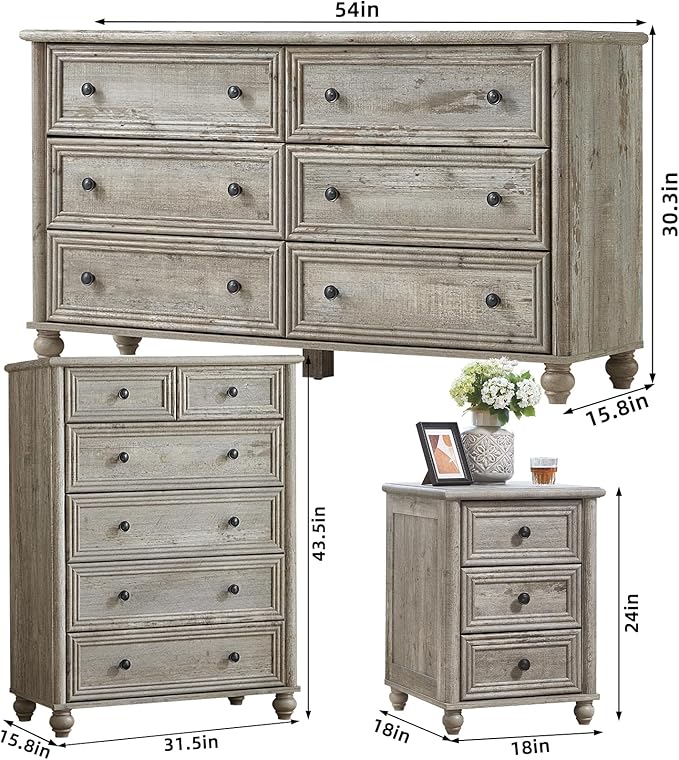 Farmhouse Dressers & Night Stand Set of 3, Wood 54" Wide Dresser & 43.5"Tall Chest of Drawers, 18" Roman Column Nightstand, Bedroom Furniture 6 Drawer Dresser Set for Bedroom Home Living Room Hallway