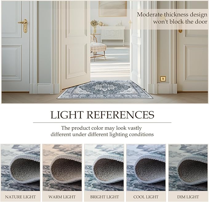 Area Rugs 4ft Washable Non-Slip, Floral Vintage Distress Print Pattern Medallion Carpet for Living Room Bedroom Dining Room, Light Gray Grey White