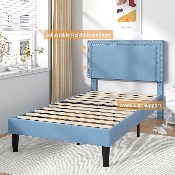 VECELO Twin Size Platform Bed Frame with Adjustable Upholstered Headboard, Strong Wood Slat Support, No Box Spring Needed, Easy Assembly