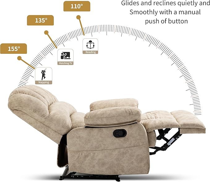 Luxlen Large Manual Recliner Chair,Soft Fabric Push Back Recliner with Overstuffed Armrest and Backrest, Living Room Single Sofa Recliners,Beige
