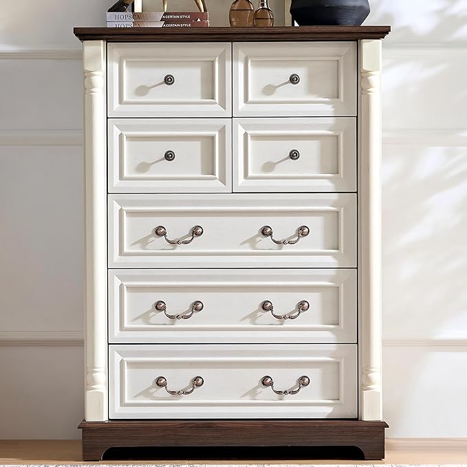 Farmhouse Tall 7 Drawer Dresser with Deep Drawers and Roman Column, Antique White Dressers & Chest of Drawers for Bedroom Storage