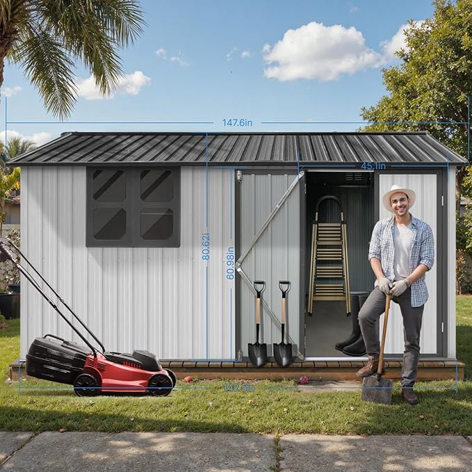 12 x 10 FT Outdoor Storage Shed, Metal Garden Tool Shed with Slooping Roof, Lockable Doors, All-Weather Bike Shed Easy to Assemble for Backyard, Patio, Lawn, White+Black