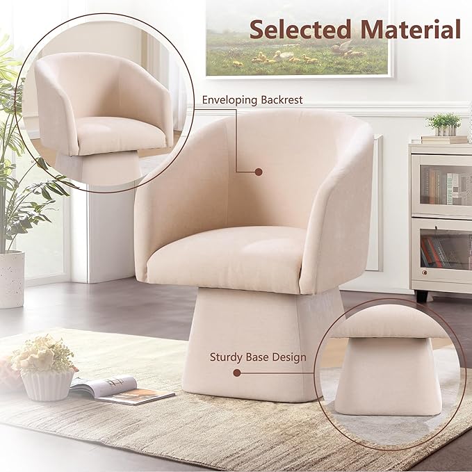 Swivel Modern Accent Chair,Luxury Fabric Upholstered Makeup Chair Comfy Barrel Chair with No Wheels,360°Rotating Vanity Armchair for Living Room Bedroom Office (White)