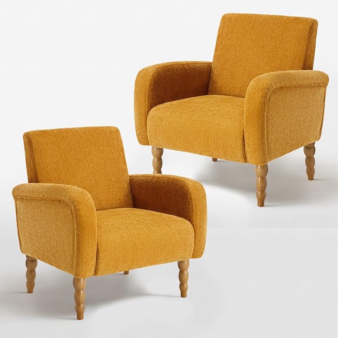 Accent Armchair Set of 2, Mid-Century Modern Living Room Chairs with Gourd-Like Shape Wooden Legs, Chenille Upholstered Single Sofa Reading Chair for Living Room Bedroom Guest Room,Yellow