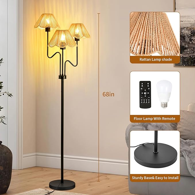 Rattan Floor Lamp for Living Room Bedroom,3-Light Floor Lamp with Remote Control,Boho Flower Lamp Black Tree Standing Lamp with 3 Color Temperature Tall Floor Lamps for Bedroom Corner