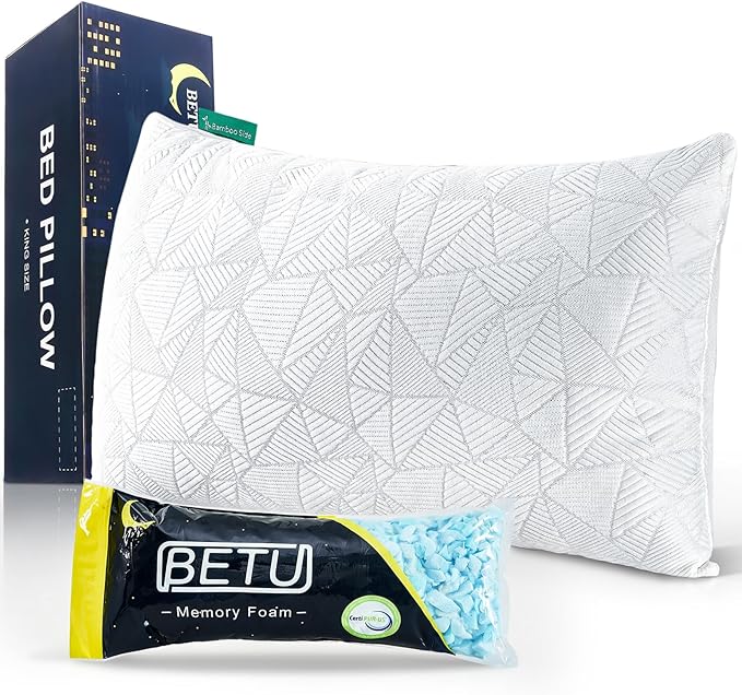 BETU Cooling King Size Pillow, Shredded Memory Foam Cool Pillow for Hot Sleepers, Adjustable Firm Soft Support Bed Pillows Perfect for Back Neck Pain and Side Sleeping with Pillows Case Cover, White