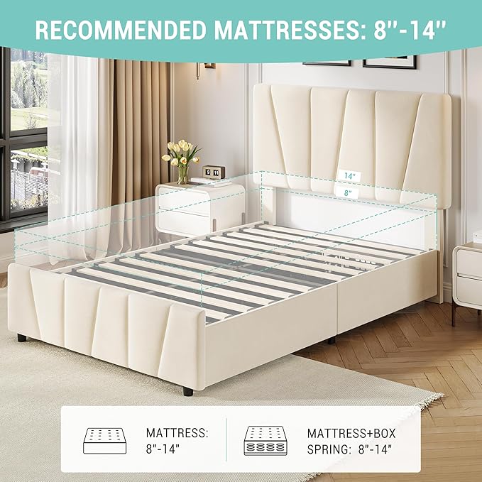 Twin Size Bed Frame with Adjustable Headboard and 2 Storage Drawers, Velvet Upholstered Tufted Twin Platform Bed Frames with Wooden Slats Support, Bedframe No Box Spring Needed, Beige/Cream