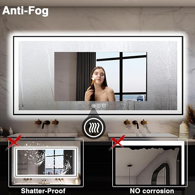 Large 84x40 Light Up Bathroom Mirror -Black Aluminum Edge (Front and Backlit), Anti-Fog Vanity Mirror with Lights,Stepless Dimmable Lighted Mirror,3 Colors Smart Mirror(Horizontal/Vertical)