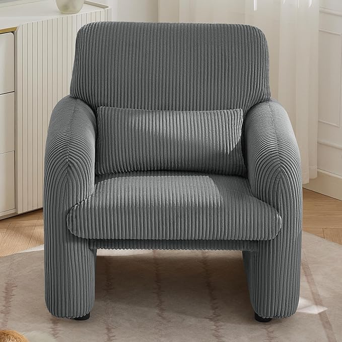 Corduroy Fabric Accent Chair, Modern Upholstered Living Room Chairs with Lumbar Pillow, Wide Comfy Leisure Armchair for Bedroom, Office, Reading, Grey