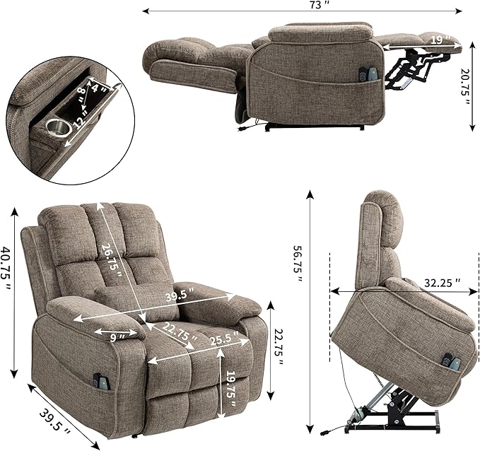 Lift Recliner Chairs for Elderly, Lumbar Power Lift Chair with Heat and Massage, 180° Lay Flat Recliner with Extended Footrest, USB & Type-C Ports and Side Storage for Big Man 400lbs Sleeping