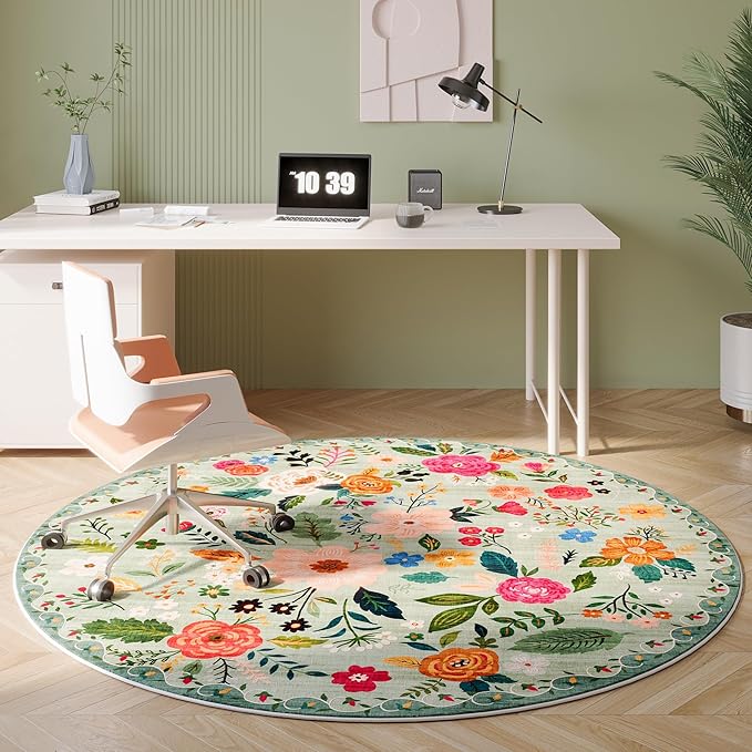 Round Rug 6ft Washable Circle Rug Non Slip Low Pile Boho Floral Small Circular Rug for Bedroom, Bathroom, Entryway, Kids Room, Office, College Dorm(Green)