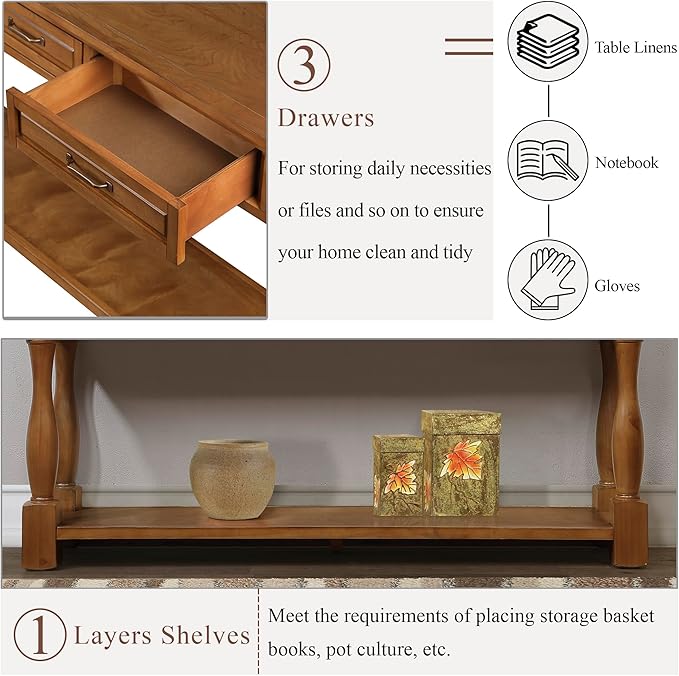 63inch Solid Wood Console Table with 3 Drawers and 1 Bottom Shelf Extra-Thick Sofa Table(Brown)