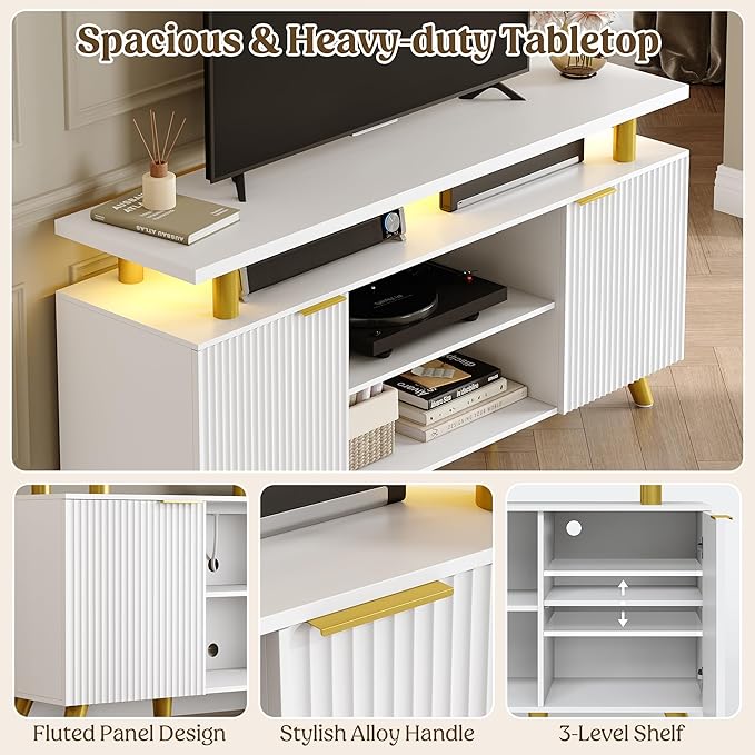 Lulive Luxury Fluted TV Stand for 60/65/70 Inch TV with Power Outlet & LED Light, Modern Entertainment Center with Fluted Panel Design, Modern TV Console Table for Living Room & Bedroom, White