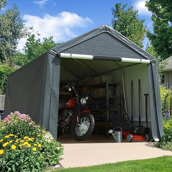 Quictent Heavy Duty 8x14FT Carport Shelter with Roll-Up Mesh Windows & Reinforced Frame, Portable Garage Canopy for Motorcycle Storage, Outdoor Equipment, Patio Furniture Cover - Dark Gray