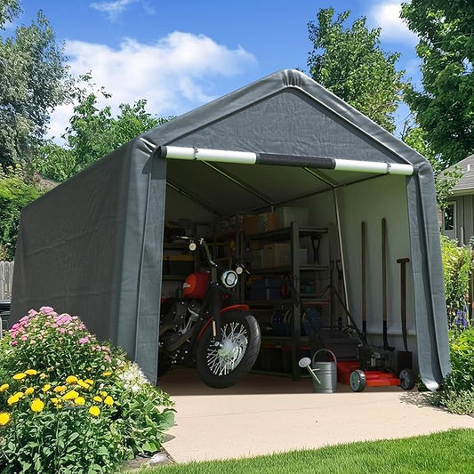 Quictent Heavy Duty 8x14FT Carport Shelter with Roll-Up Mesh Windows & Reinforced Frame, Portable Garage Canopy for Motorcycle Storage, Outdoor Equipment, Patio Furniture Cover - Dark Gray