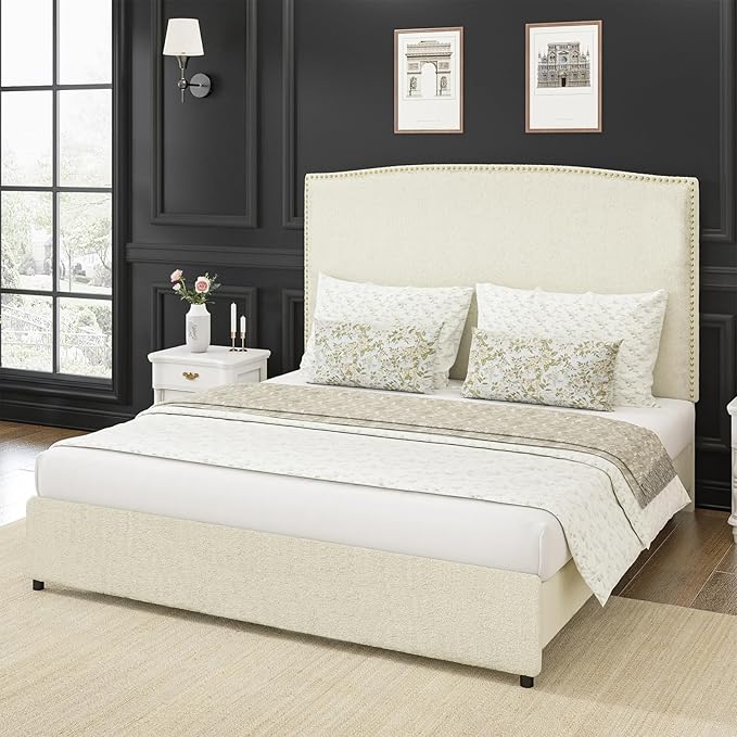 Full Bed Frame, Full Size Upholstered Platform Bed Frame with 56" Headboard, Soft Boucle Fabric, Mid-Century Modern Design, No Box Spring Required, Easy Assembly, Beige