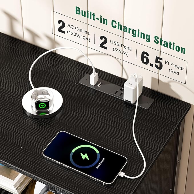 Furologee 55" LED TV Stand for Bedroom with Power Outlets, Entertainment Center with 6 Fabric Drawers for 50/55/60 inch TVs, Dresser TV Stand Long Console Media Table for Living Room, PU Black