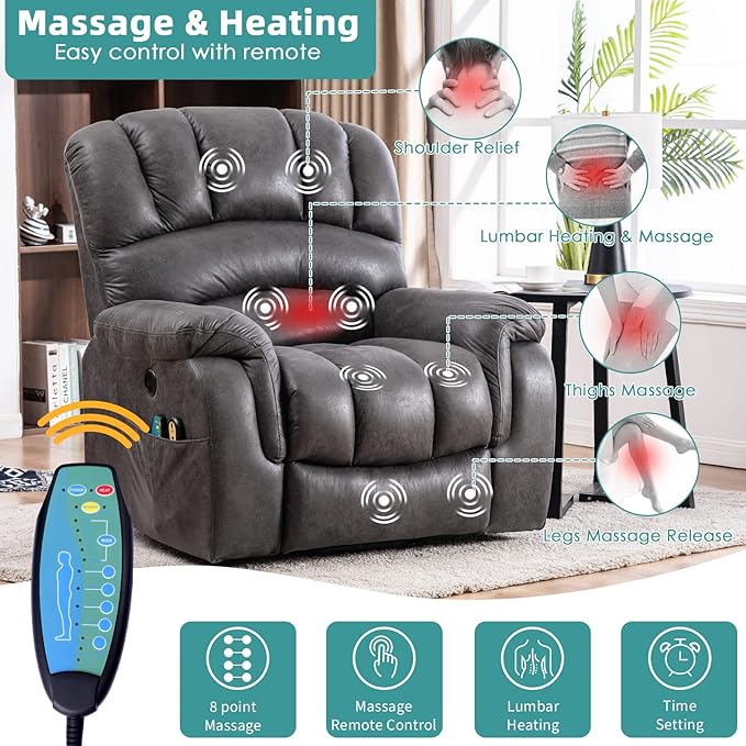 MEETWARM Large Power Lift Electric Recliner Chair with Massage and Heat, Overstuffed Wide Recliner with 2 Remote Controls for Elderly Big People, Heavy Duty Recliners, USB Ports, Side Pockets(Gray)
