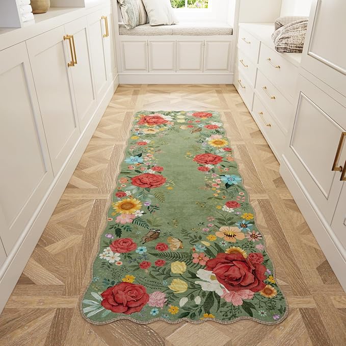 Floral Kitchen Rug 2'x 6' Washable Runner Rugs Non Slip Boho Vintage Low Pile Carpet for Hallway, Entryway, Laundry Room, Bathroom High Traffic Areas Indoor Decor (Green)