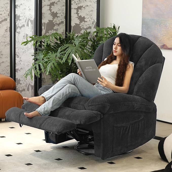 EONIX Oversized Power Swivel Rocker Recliner Chair for Living Room, Power Adjustable Backrest and Extended Footrest, USB Charging Ports, SXXY004021, Dark Grey