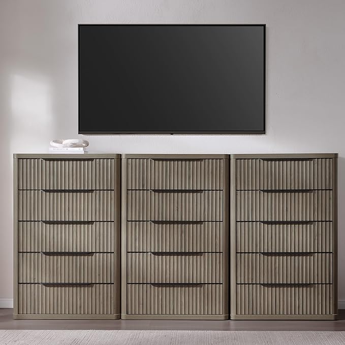 SICOTAS Dresser for Bedroom - Tall Dressers & Chests of Drawers with 5 Drawers Large Modern Dresser for Closet Fluted Wide TV Stand Clothes Closet Storage for Bedroom Hallway Entryway, Grey Alder