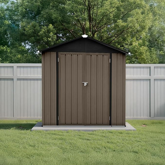 6' x 4' Outdoor Storage Shed, Sturdy Metal Building w/Lockable Doors for Garden, Backyard, Poolside and Lawn, Brown