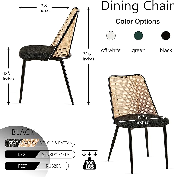 Modern Rattan Dining Chairs Black Set of 4, Upholstered Dining Room Chairs Boucle Woven Cane Kitchen Dining Accent Chairs for Reception Rooms, Restaurant