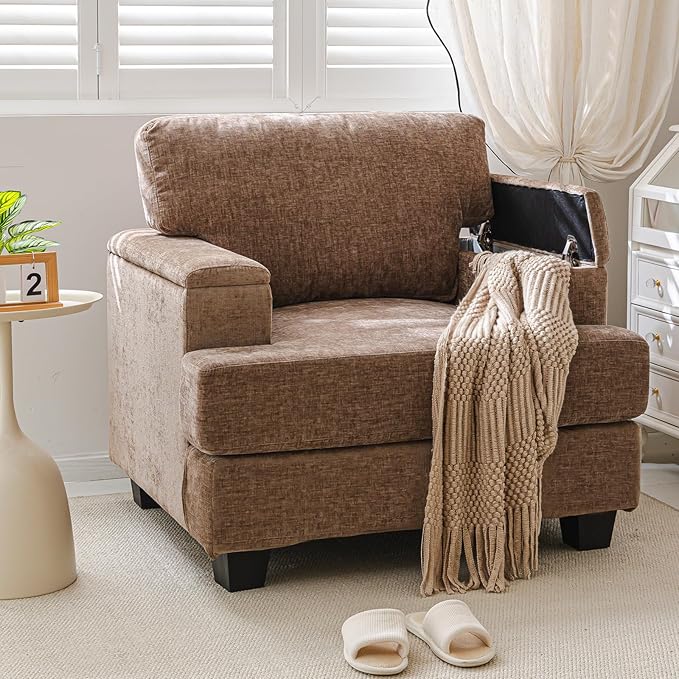Oversized Accent Chair with Armrest Storage,38”W Big Armchair with 7.8'' Thick Cushion,Deep Seat,Large Comfy Reading Chair, Living Room Chairs,Sofa Chair for Bedroom,Chenille,Brown