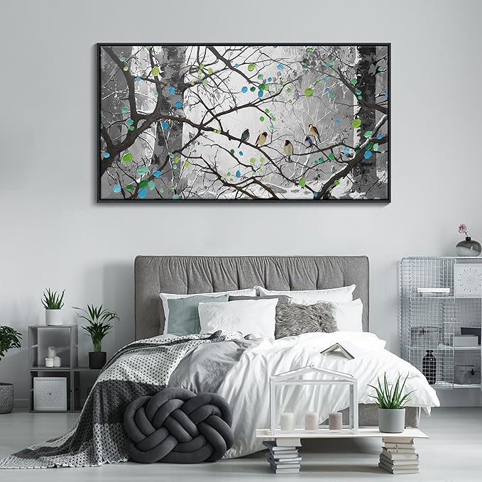 Grey Wall Art Bird on Branch Misty Forest Canvas Artwork Modern Framed Canvas Painting Decorative Wall Art Home Decor Can Be Hung Directly Dining Room Living Room Bedroom Office Size 29x58 Inches