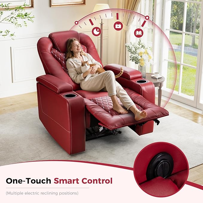 ANJ Power Recliner Chair with USB Ports and Cup Holders - Overstuffed Electric Home Theater Seating PU Leather Reclining Furniture with Hidden Arm Storage, Easy to Clean (Red)