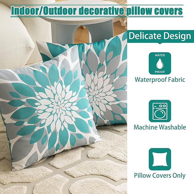 Qahing Pack of 4 Outdoor Waterproof Pillow Covers 20x20 Decorative Outdoor Throw Pillows Garden Square Cushion Cases for Patio Furniture, Couch, Tent Sunbrella, Bench, Teal Turquoise Grey